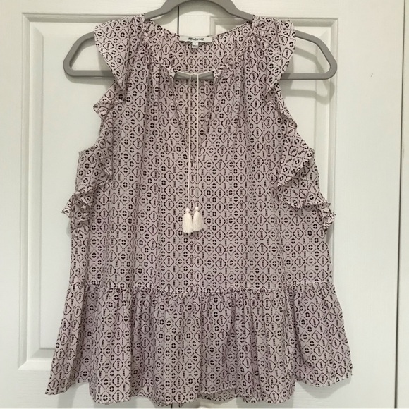 Madewell 100% Silk Lily Ruffle Top in Echo Grid Peplum Hem Size Small - Picture 3 of 17